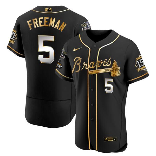 Men's Atlanta Braves #5 Freddie Freeman Black Golden World Series Champions With 150th Anniversary Patch Flex Base Stitched Jersey